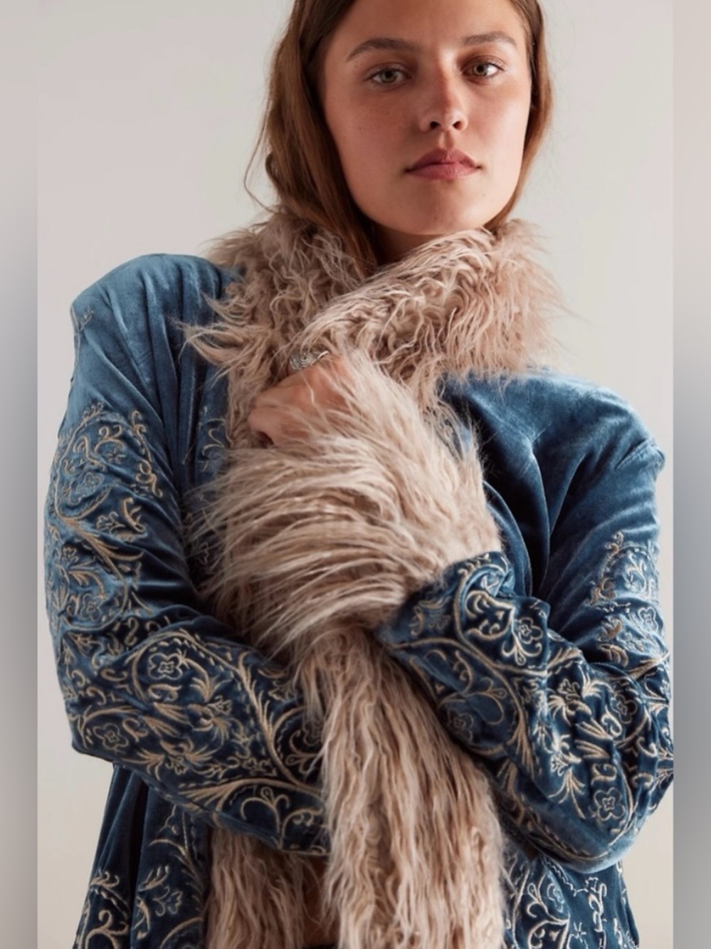 NWT FP Understated Leather ‘Moon Glow’ Penny Lane Embroidered Coat in Sapphire - Picture 3 of 9